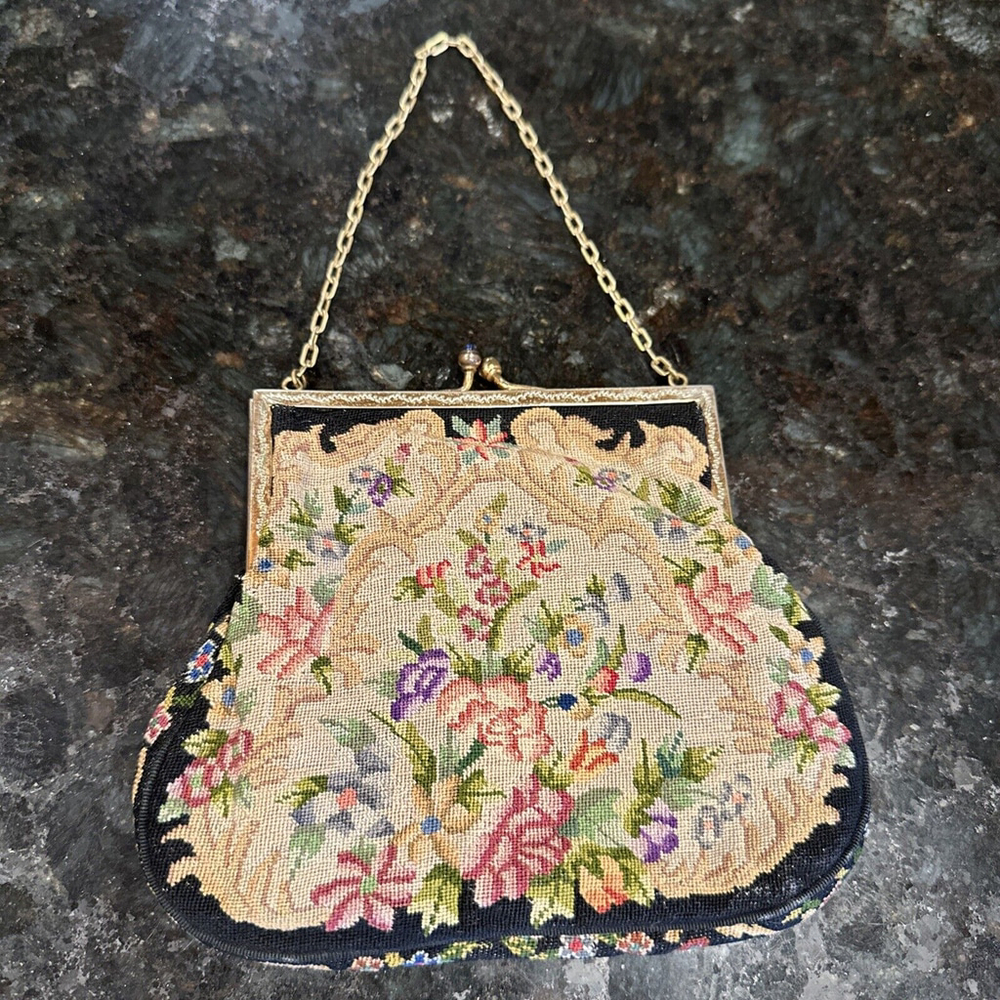 Vintage Petit Point Small Handbag Purse Black with Colorful Flowers 1950's - Picture 2 of 5